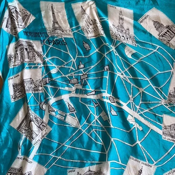 PARIS SILK SCARF Beautiful TURQUOISE & CREAM VINTAGE FIND - Picture 5 of 16